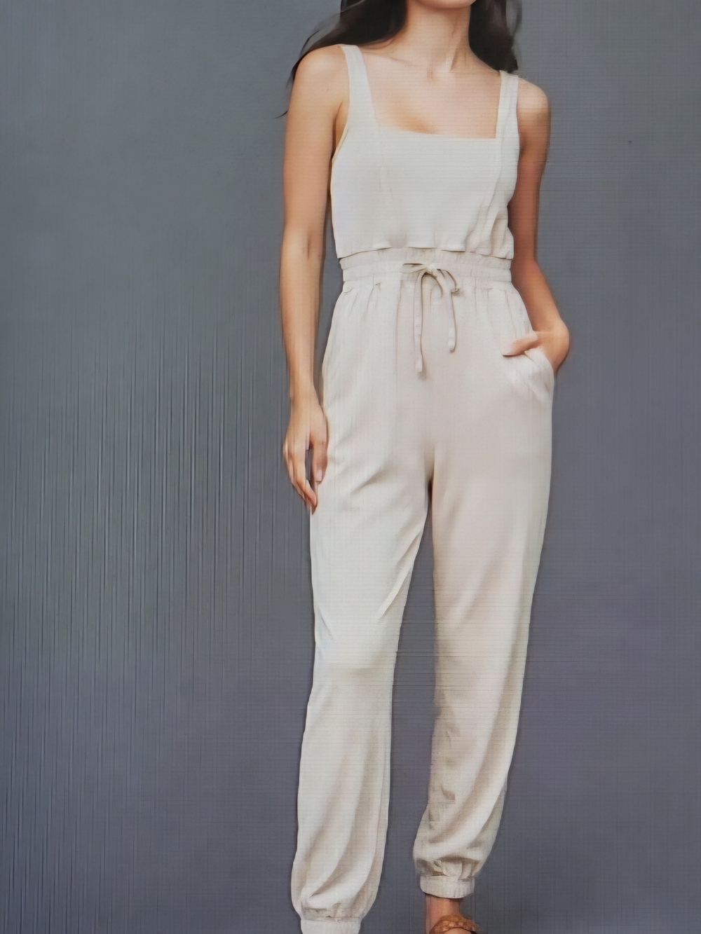 New York & Company Square Neck Jumpsuit with Drawstring Waist
